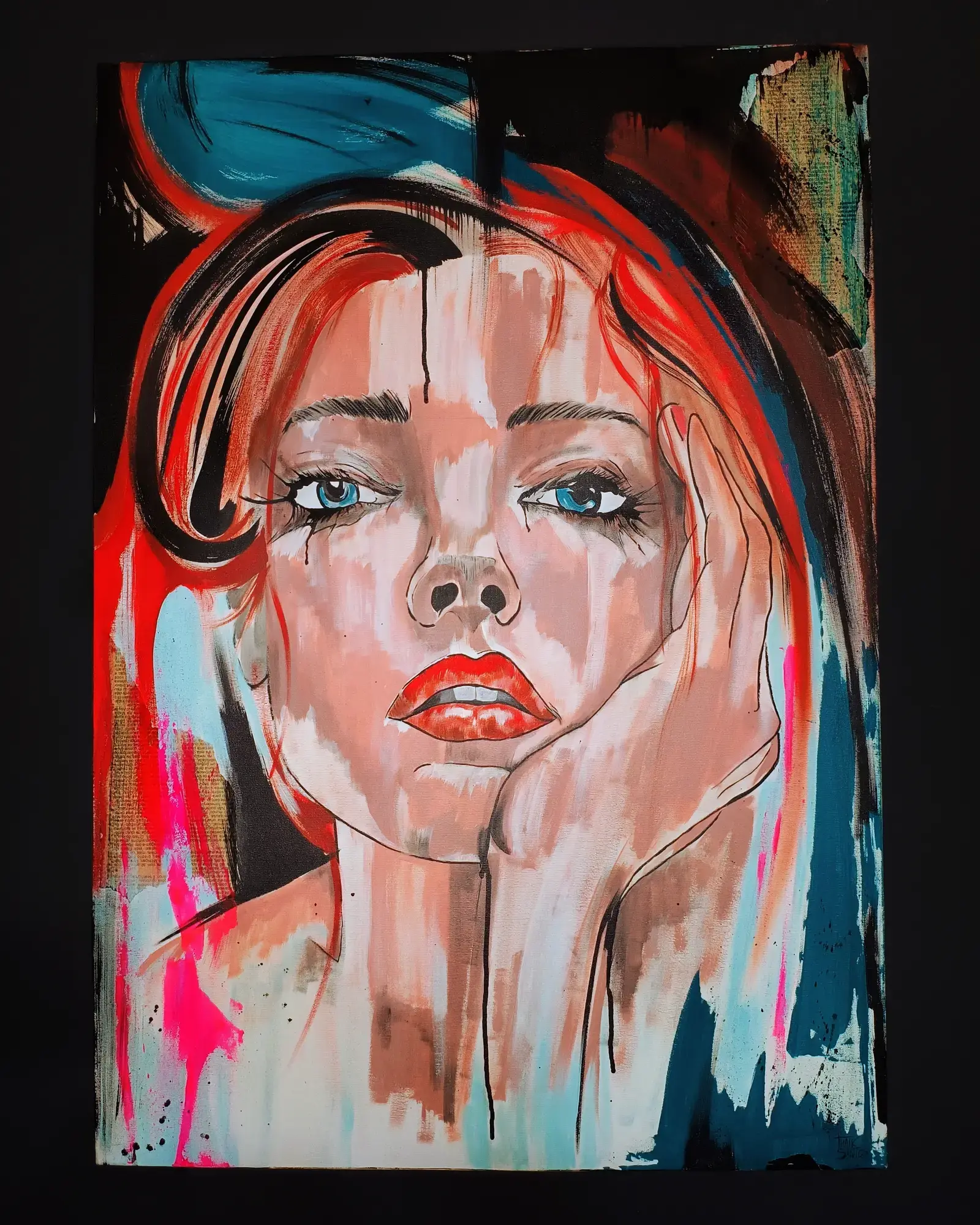 Pintura neo-expressionista - Retrato feminino com cabelos vibrantes